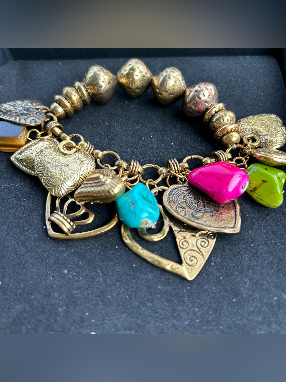 Chunky Boho Gold-Tone Charm Bracelet with Natural stones